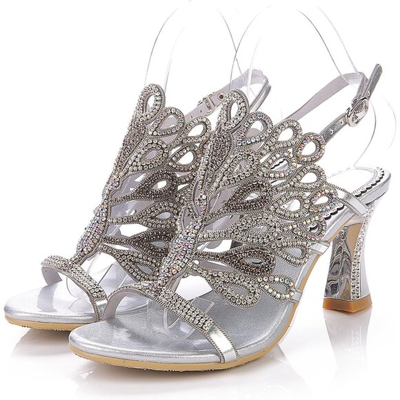 Shoes - Women's Sliver Rhinestone Peacock Pattern Chunky Stylish Comfortable Sandal Heel